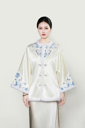 盛唐牡丹盛奢系列| 四合如意三蓝打籽绣水貂夹棉外套-白色