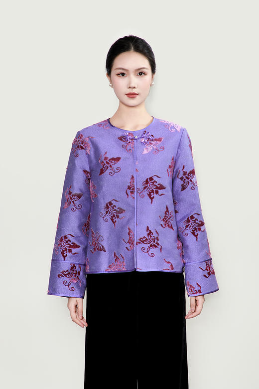 盛唐牡丹| 百蝶纹丝毛漳缎对襟外套-紫色 商品图0