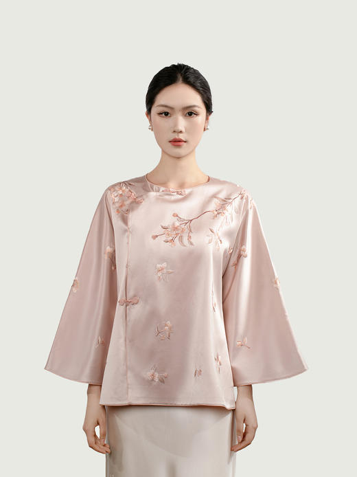 盛唐牡丹大师系列| 重缎真丝手绣偏襟外套-浅粉 商品图1