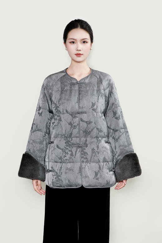 盛唐牡丹| 深灰提花对襟水貂羽绒服 商品图8