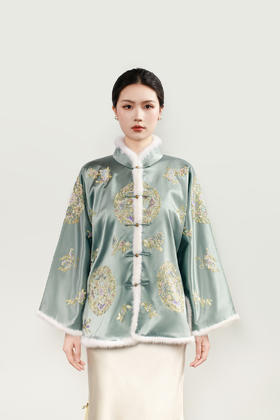大师系列| 蓝色重缎真丝手绣团花水貂棉外套