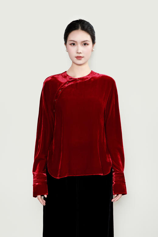盛唐牡丹| 酒红色丝绒斜襟女上衣 商品图1