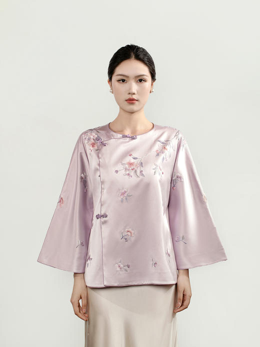 盛唐牡丹大师系列| 重缎真丝手绣偏襟外套-淡紫 商品图0