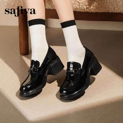 预售|Safiya/索菲娅2025一脚蹬时尚漆皮高跟厚底百搭深口英伦乐福鞋SFD3112110 商品图8