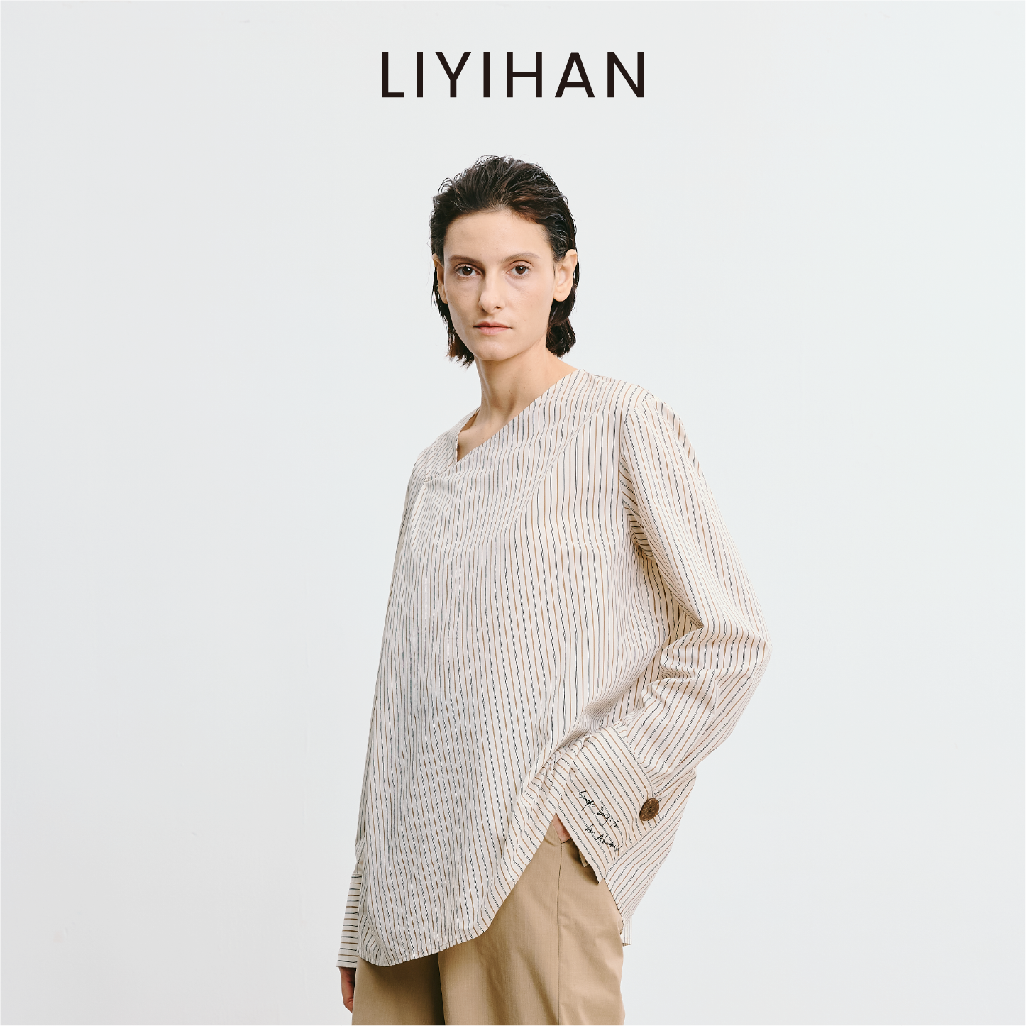 LIYIHAN 2025秋新款通勤棉质条纹衬衫米黄色宽松衬衣女小众设计感