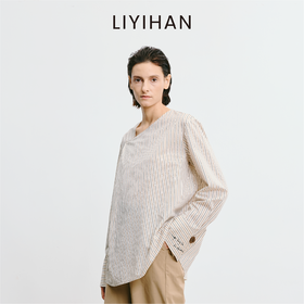 LIYIHAN 2025秋新款通勤棉质条纹衬衫米黄色宽松衬衣女小众设计感