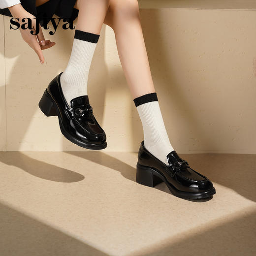 预售|Safiya/索菲娅2025一脚蹬时尚漆皮高跟厚底百搭深口英伦乐福鞋SFD3112110 商品图7