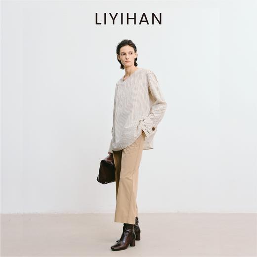 LIYIHAN 2025秋新款通勤棉质条纹衬衫米黄色宽松衬衣女小众设计感 商品图1