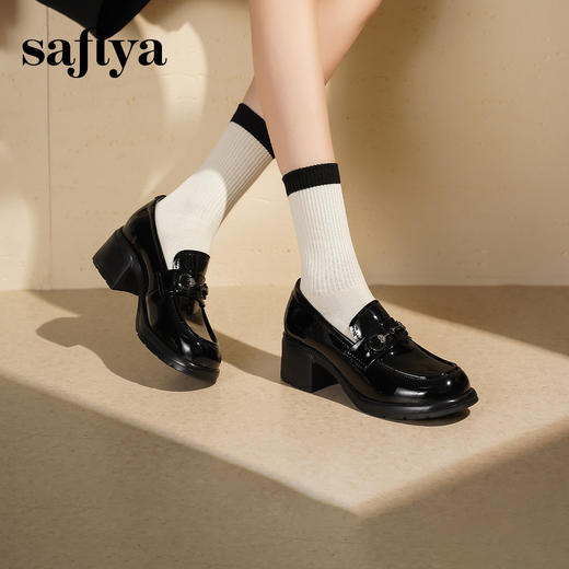 预售|Safiya/索菲娅2025一脚蹬时尚漆皮高跟厚底百搭深口英伦乐福鞋SFD3112110 商品图6