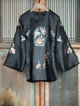 盛唐牡丹盛奢系列 | 真丝香云纱手绣斜襟上衣