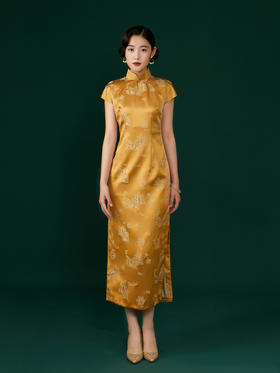 荷言HEYEN 楼台 花下君提花桑蚕丝金黄色旗袍手工钉珠装饰高级定制