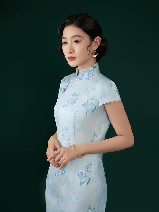 荷言HEYEN 问泉 桑蚕丝国风锦鲤印花旗袍手工金鱼盘扣高级定制 商品图1