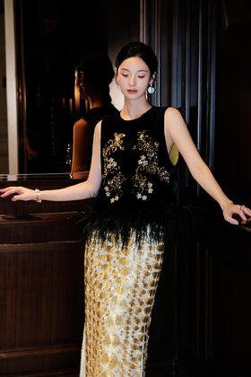 盛唐婧| 重磅真丝绒珠绣鸵鸟毛无袖马甲