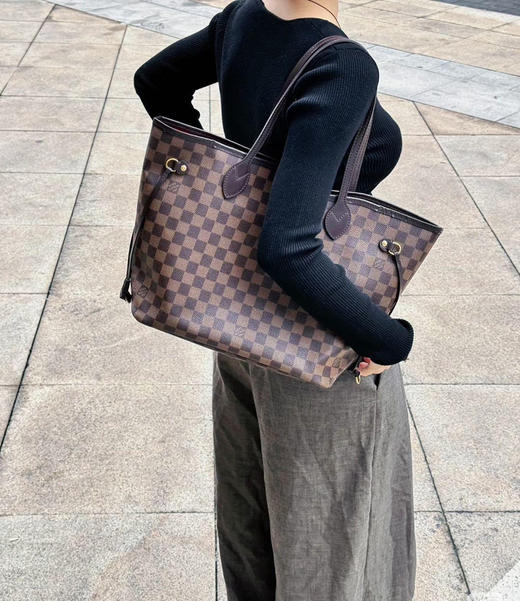 Lv nf 中号 棕棋盘格 红条纹内里 托特包 商品图1