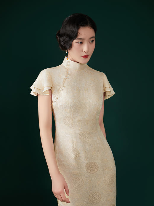 荷言GL 尽絮  宝相花纹织金提花白贝钉珠黄色旗袍双层荷叶袖显白温柔 商品图2