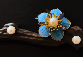 花丝镶嵌银鎏金纯手工   (立体梅花发簪） 珍珠 檀木