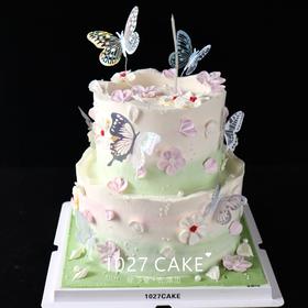 1027CAKE |  粉绿色  裱花蛋糕  春日蝴蝶
