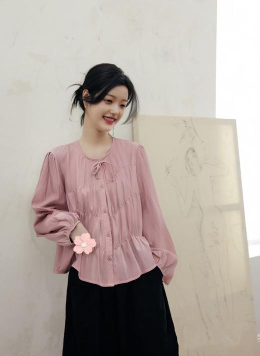 11.11直降到底！！ 7969 圆领压皱系带长袖小衫-喜出 商品图2