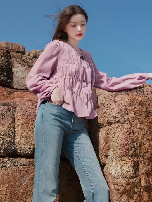 11.11直降到底！！ 7969 圆领压皱系带长袖小衫-喜出 商品图1