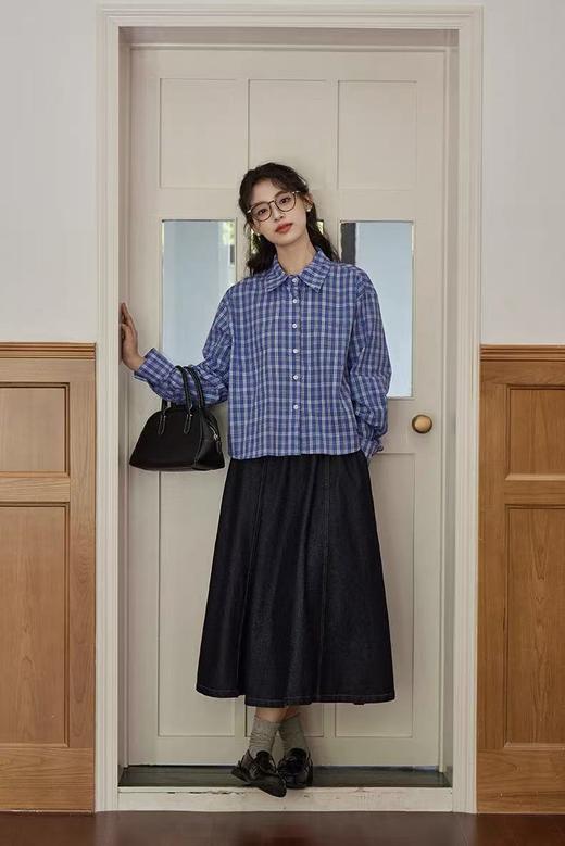 冰点价！仅限11.11！退货勿拍【早秋特卖】100%棉蓝色格子短款长袖衬衫-喜出 商品图0