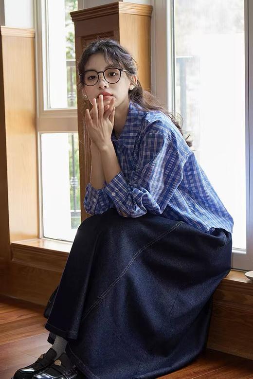 冰点价！仅限11.11！退货勿拍【早秋特卖】100%棉蓝色格子短款长袖衬衫-喜出 商品图3