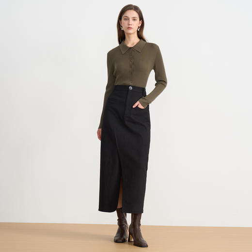 同款下架-EITIE爱特爱挺括工装设计感不对称高腰黑色长款半裙秋季新款C2506816 商品图1