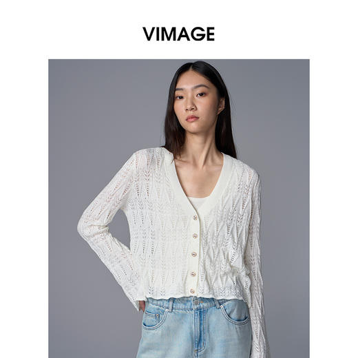 VIMAGE纬漫纪喇叭袖薄款气质防晒镂空针织开衫女外套季夏新款V2301950 商品图3