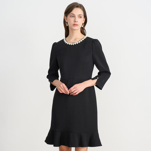 EITIE爱特爱千金气质钉珠圆领小香风鱼尾黑色秋季新款连衣裙C2507826 商品图2