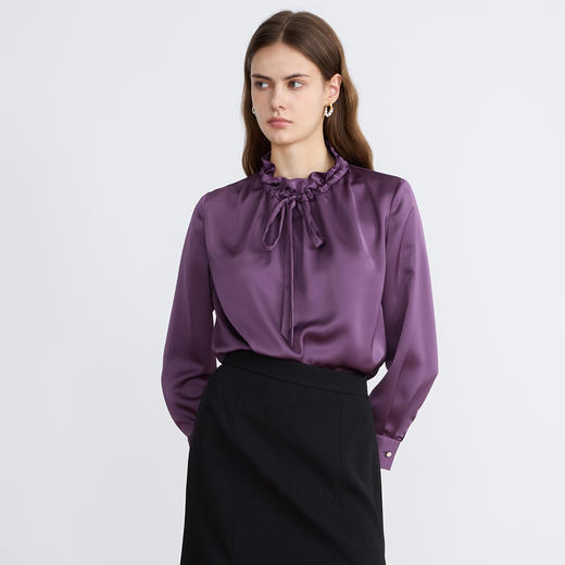 EITIE爱特爱气质抽绳木耳领直筒显瘦秋新款缎面衬衫上衣C2513826 商品图3