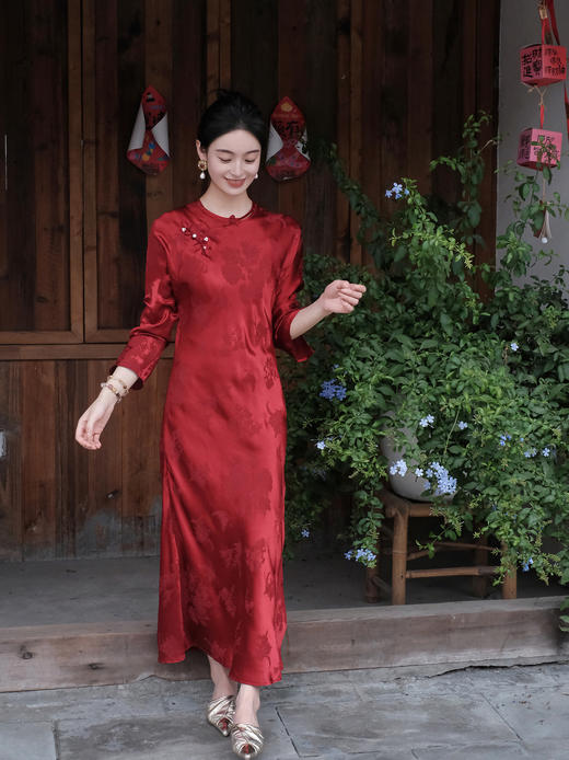 盛唐牡丹 | 梅兰竹菊冠乐绉花扣旗袍裙 商品图0