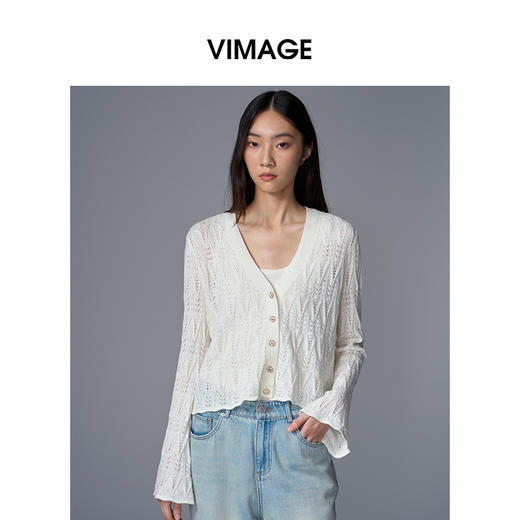 VIMAGE纬漫纪喇叭袖薄款气质防晒镂空针织开衫女外套季夏新款V2301950 商品图2