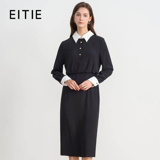 EITIE爱特爱精致通勤撞色翻领收腰包臀一步裙连衣裙秋季新款连衣裙C2507832 商品图0