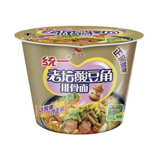 统一 老坛酸豆角排骨面 方便面 泡面 桶装115g 宵夜速食 商品图0