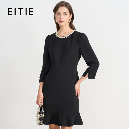 EITIE爱特爱千金气质钉珠圆领小香风鱼尾黑色秋季新款连衣裙C2507826 商品图0