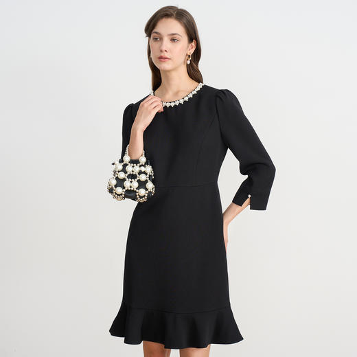 EITIE爱特爱千金气质钉珠圆领小香风鱼尾黑色秋季新款连衣裙C2507826 商品图1