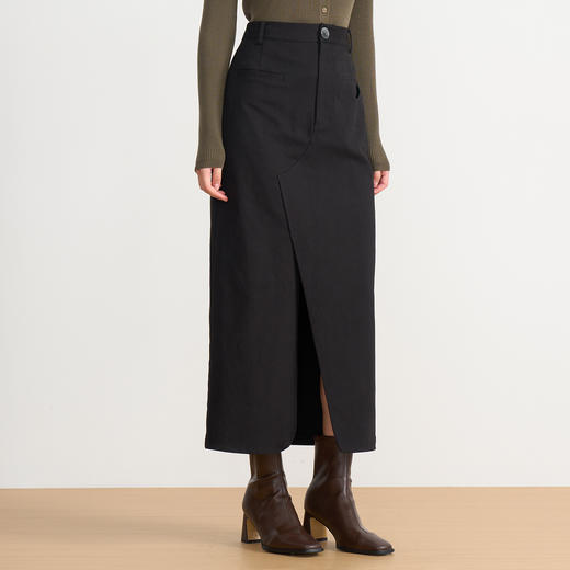 同款下架-EITIE爱特爱挺括工装设计感不对称高腰黑色长款半裙秋季新款C2506816 商品图2