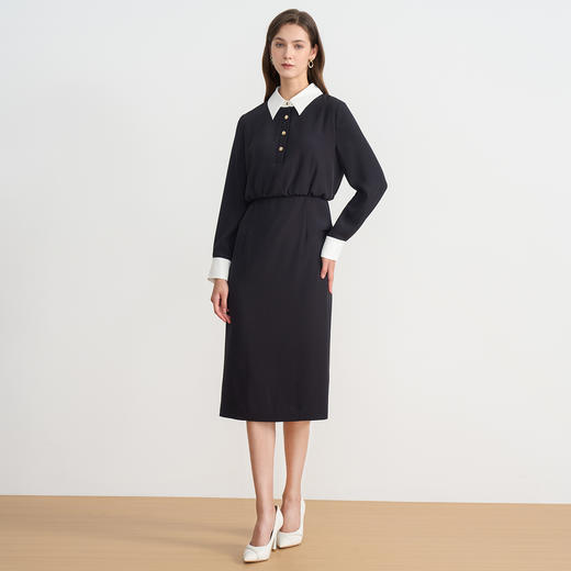 EITIE爱特爱精致通勤撞色翻领收腰包臀一步裙连衣裙秋季新款连衣裙C2507832 商品图3