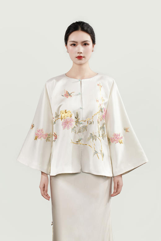 盛唐牡丹盛奢系列 |缠枝牡丹手绣真丝外套-白色 商品图1