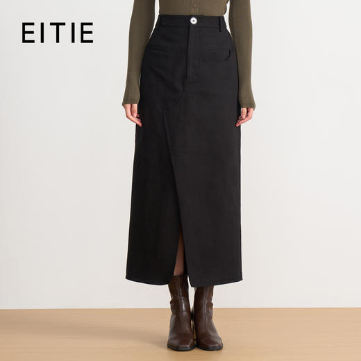 同款下架-EITIE爱特爱挺括工装设计感不对称高腰黑色长款半裙秋季新款C2506816 商品图0