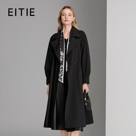 EITIE爱特爱黑白印花领带更显精致泡泡袖优雅风衣8304008 商品图0