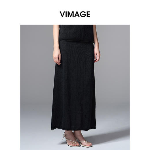 VIMAGE纬漫纪高腰简约百搭黑色廓形长款显瘦半身裙夏季新款V2301939 商品图3