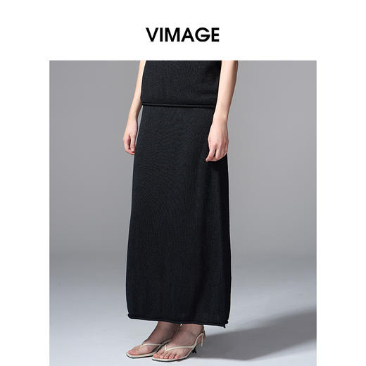VIMAGE纬漫纪高腰简约百搭黑色廓形长款显瘦半身裙夏季新款V2301939 商品图1