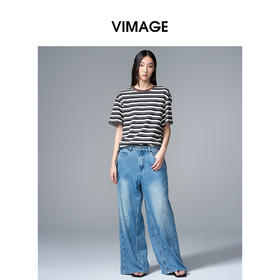 VIMAGE纬漫纪纯棉圆领复古百搭宽松撞色条纹t恤上衣夏季新款V2302922