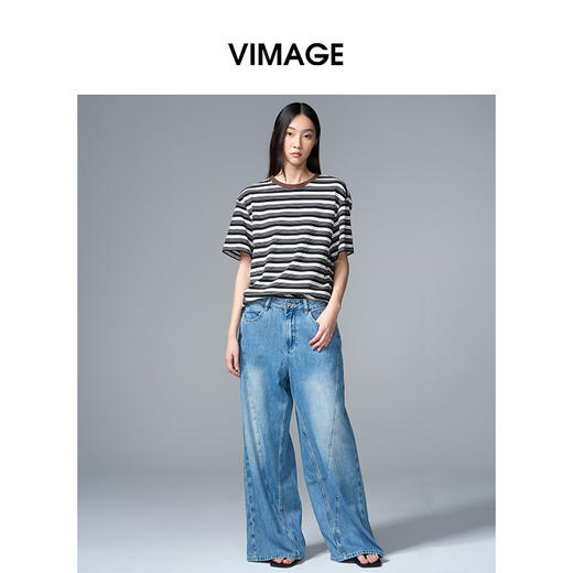 VIMAGE纬漫纪纯棉圆领复古百搭宽松撞色条纹t恤上衣夏季新款V2302922 商品图0