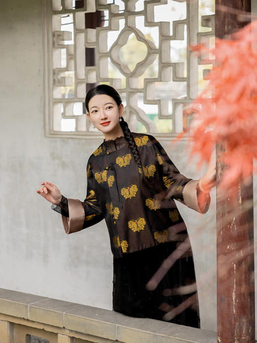 荷言HEYEN 非遗宋锦黑金蝴蝶真丝外套高定系列 商品图1