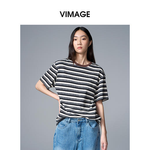 VIMAGE纬漫纪纯棉圆领复古百搭宽松撞色条纹t恤上衣夏季新款V2302922 商品图2