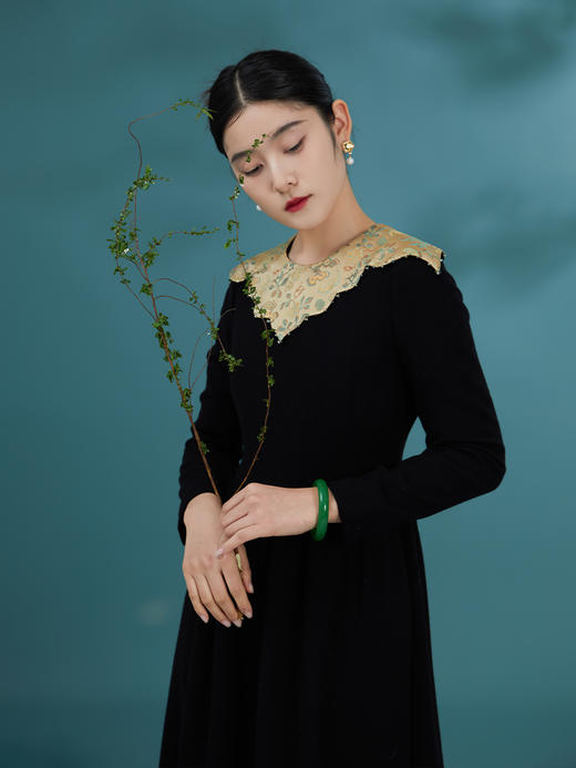 荷言GL 四垂云 非遗宋锦云肩假两件黑色羊毛连衣裙秋冬保暖 商品图2