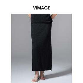 VIMAGE纬漫纪高腰简约百搭黑色廓形长款显瘦半身裙夏季新款V2301939