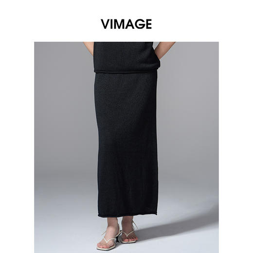 VIMAGE纬漫纪高腰简约百搭黑色廓形长款显瘦半身裙夏季新款V2301939 商品图0