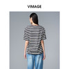 VIMAGE纬漫纪纯棉圆领复古百搭宽松撞色条纹t恤上衣夏季新款V2302922 商品缩略图4
